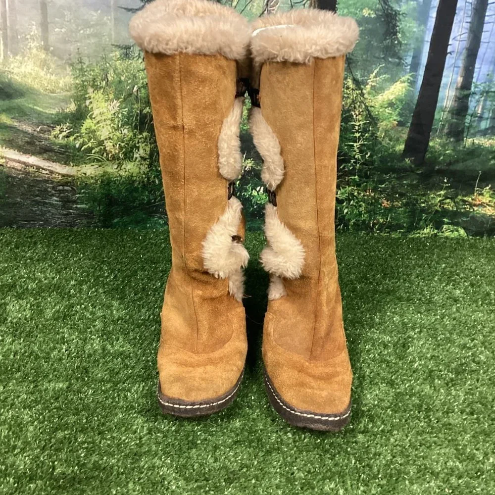 Vintage Tan Leather Tall Hook Latch Winter Boots 10.5